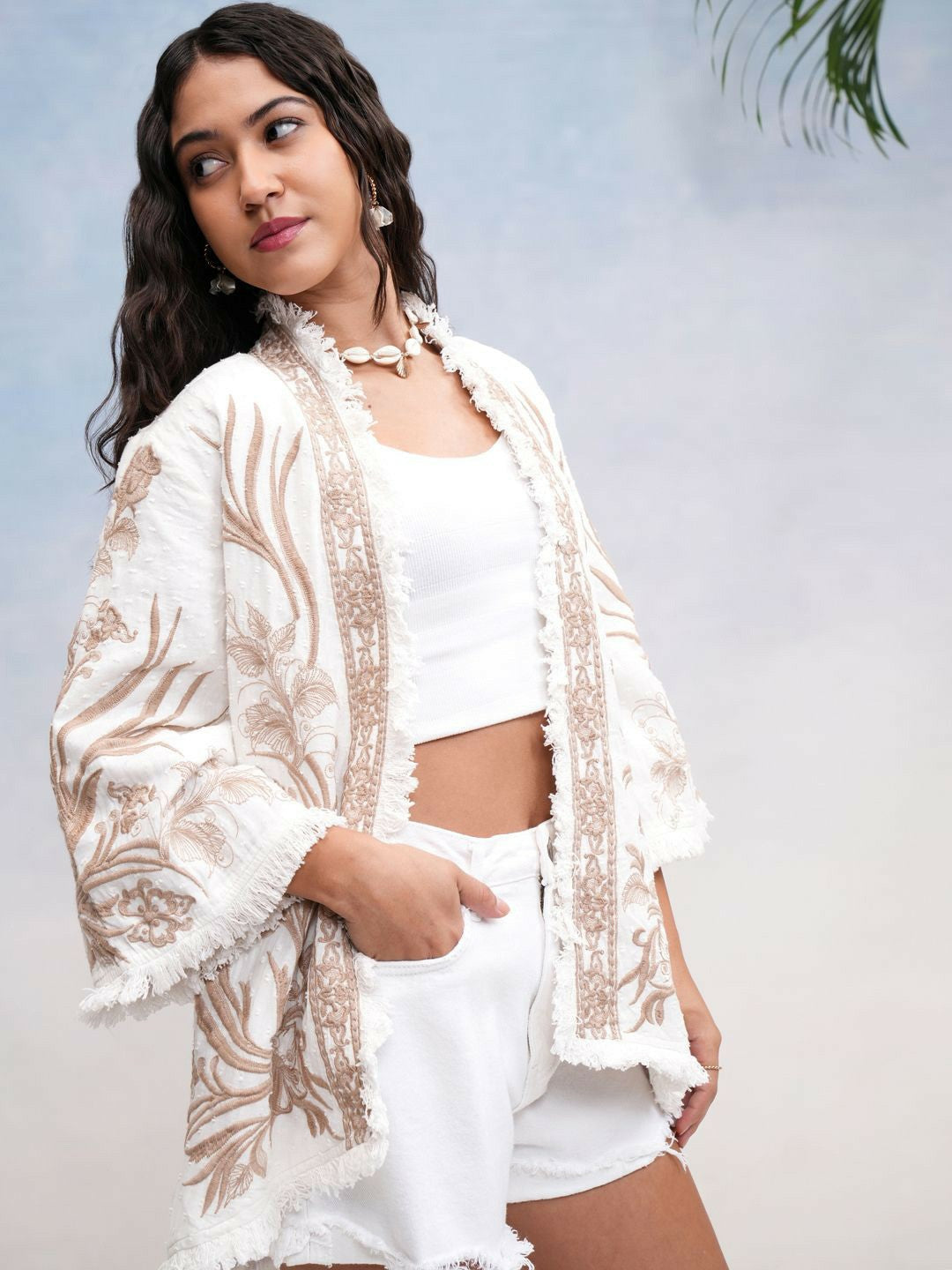 Women’s Green & White Embroidered Co-Ord Set – Stylish Top & Skirt with Belt | Indiaista main image 0