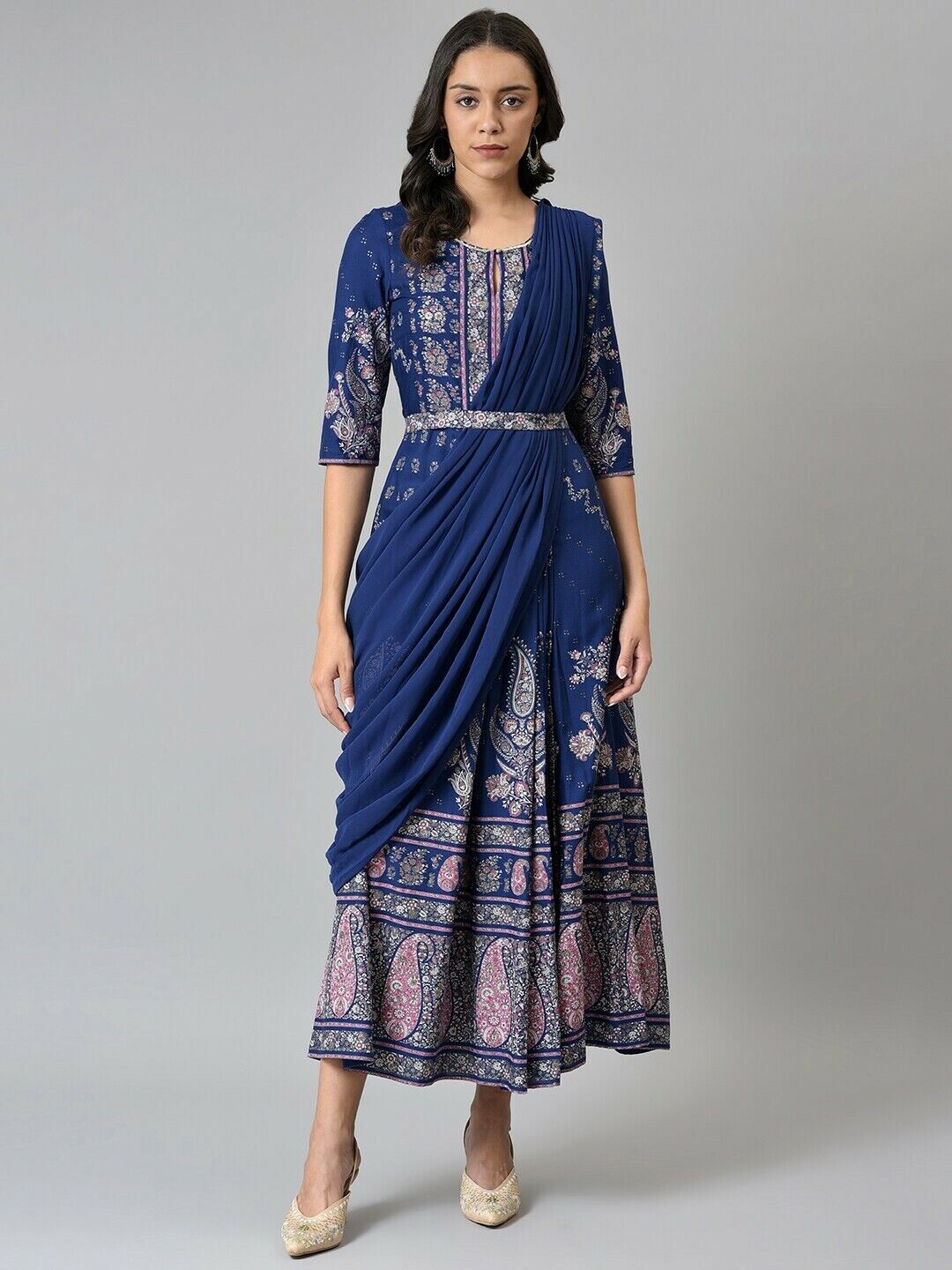 Blue & Silver Ethnic Maxi Dress – Flared Chiffon Gown with Belt –  Indiaista.com