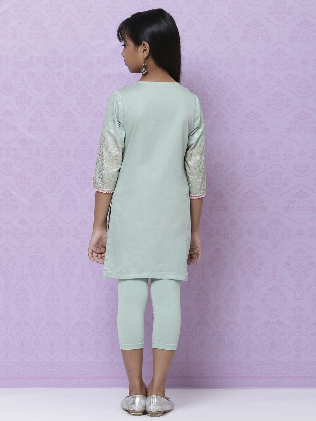 Girls Lehenga- Mint Green Golden Ethnic Motifs Print Cotton Kurta with Trousers