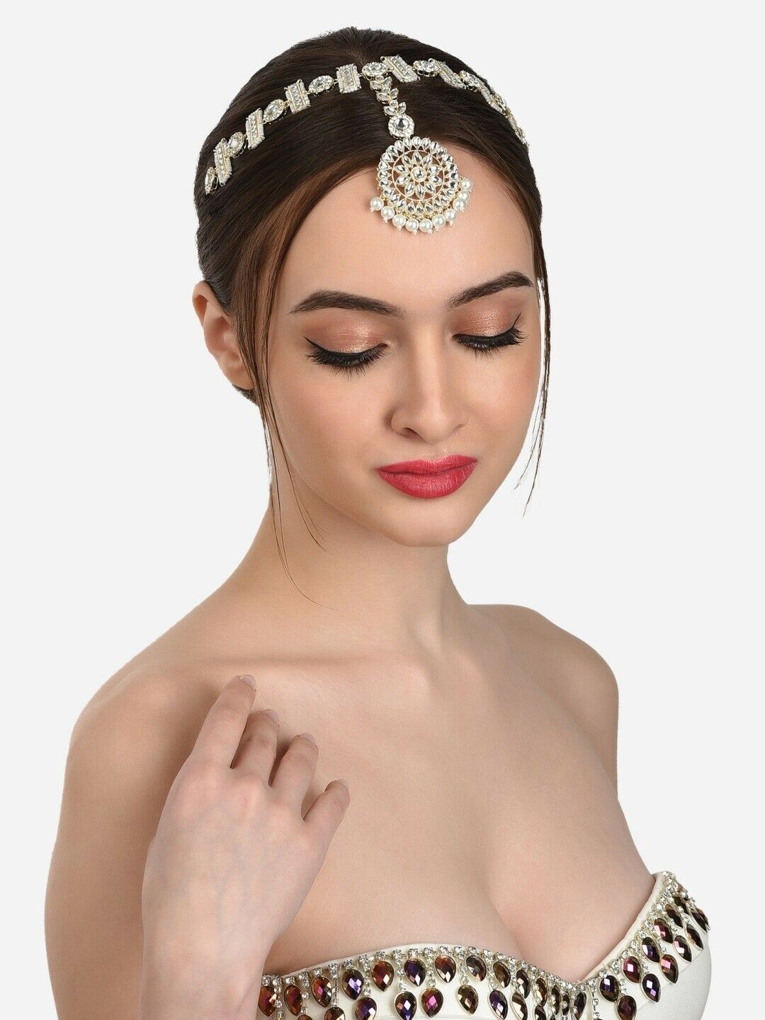 Gold-Plated White Stone-Studded & Pearl Beaded Mathapatti
