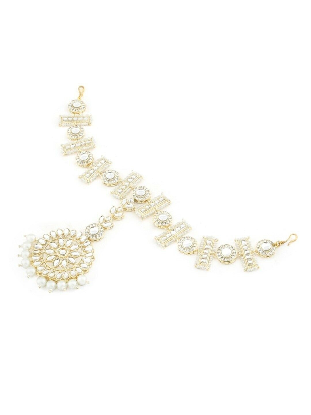 Gold-Plated White Stone-Studded & Pearl Beaded Mathapatti