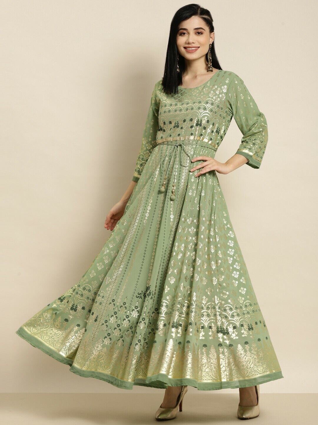 Buy Sage Green Foil Printed Flared Ethnic Dress Indian Outfit USA Indiaista.com Buy Sage Green Foil Printed Flared Ethnic Dress Indian Outfit USA Indiaista.com