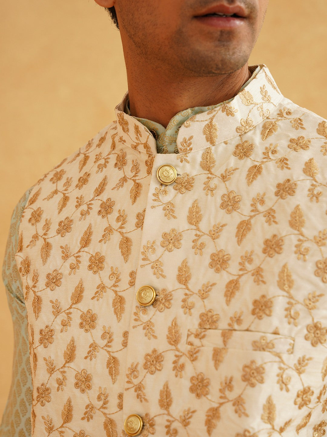 Men’s Woven Design Kurta Set with Churidar & Nehru Jacket – Contemporary Ethnic Ensemble