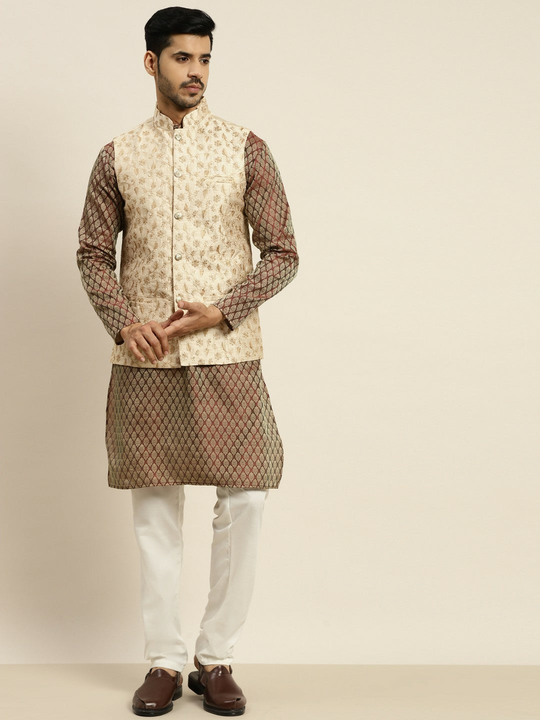 Men's Maroon Silk Blend Kurta Set with Pyjamas & Nehru Jacket – Traditional Elegance for Festive Occasions | Indiaista