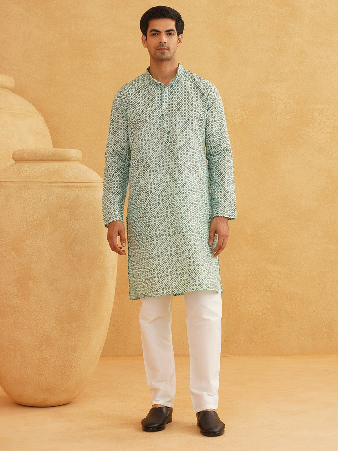 Men’s Ethnic Motifs Printed Kurta Set with Pyjamas & Nehru Jacket – Traditional Elegance