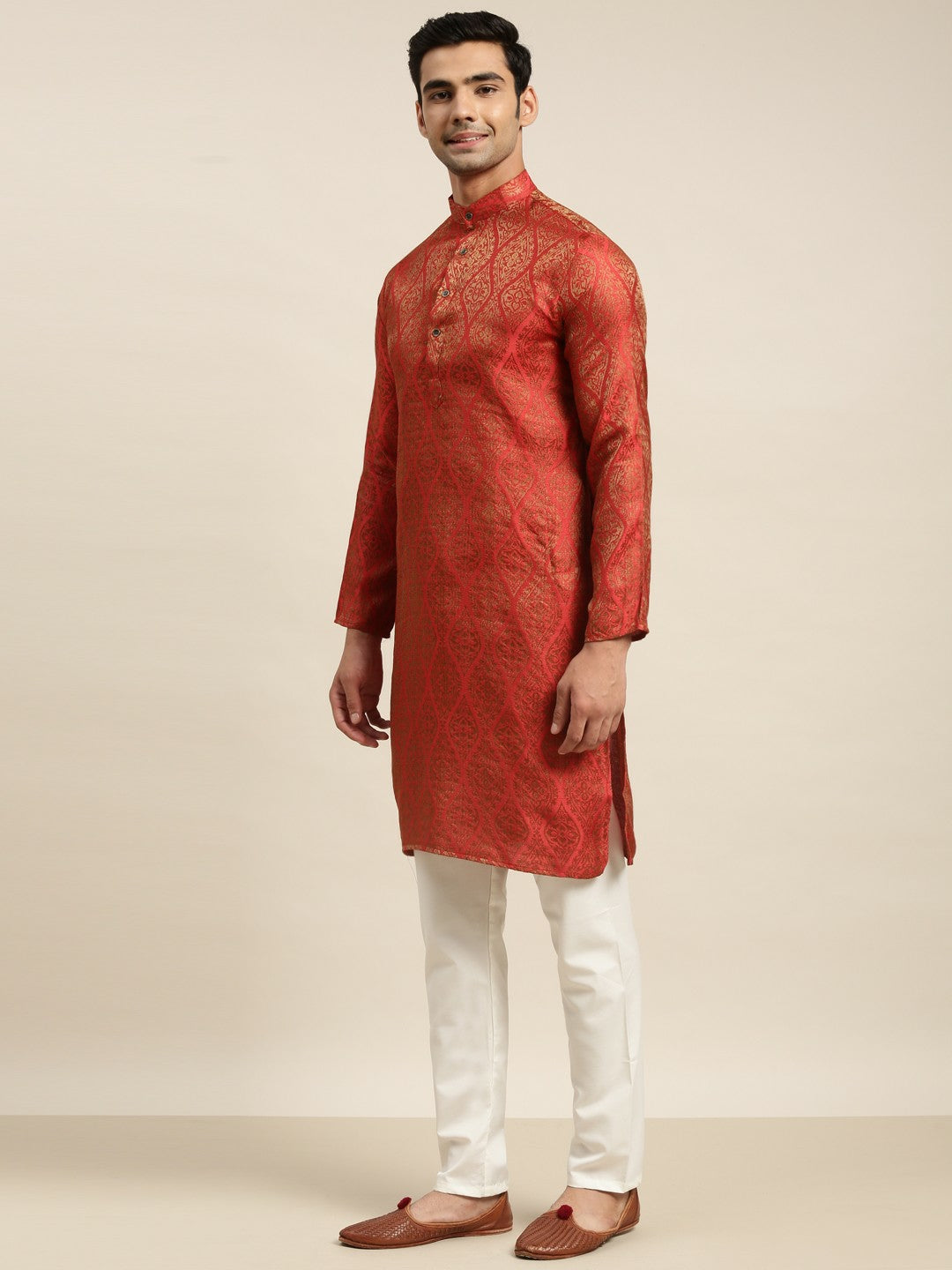 Men’s Red Ethnic Motifs Kurta Set with Pyjamas – Traditional Elegance