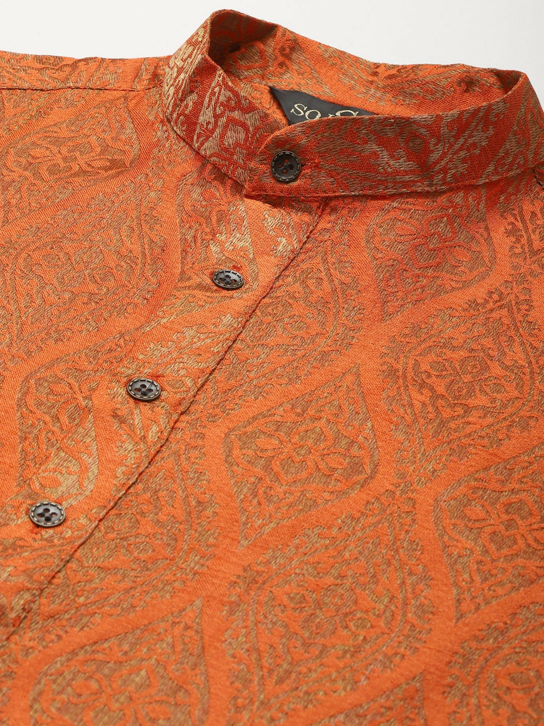 Men’s Orange Ethnic Motifs Kurta Set with Churidar & Nehru Jacket – Vibrant Traditional Ensemble