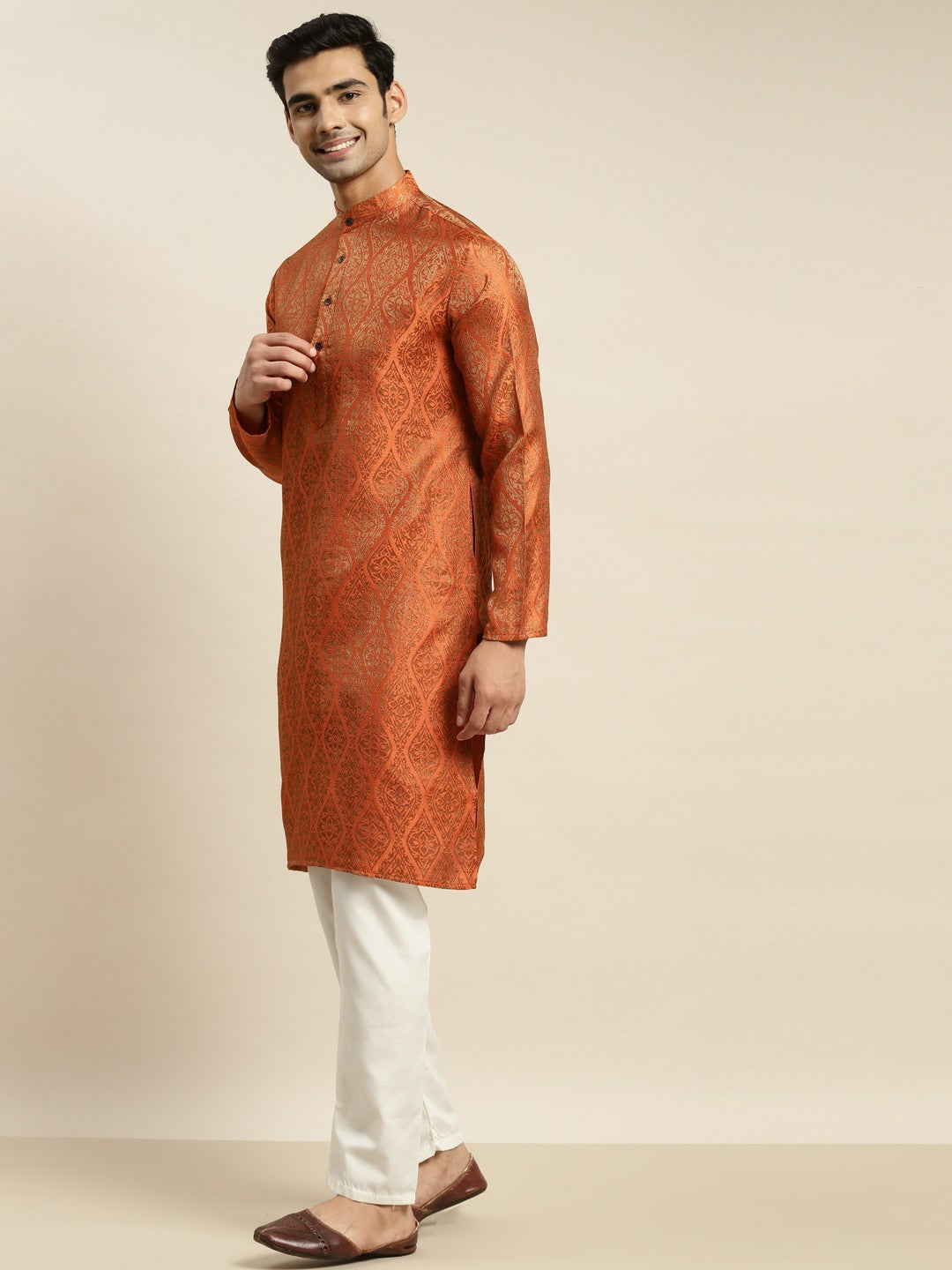 Men’s Orange Ethnic Motifs Kurta Set with Churidar & Nehru Jacket – Vibrant Traditional Ensemble
