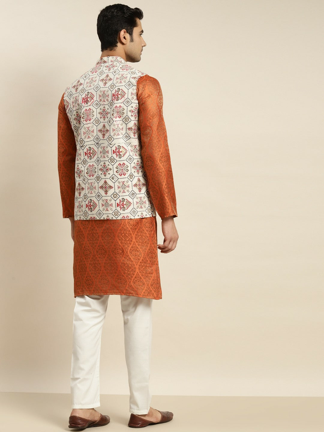 Men’s Orange Ethnic Motifs Kurta Set with Churidar & Nehru Jacket – Vibrant Traditional Ensemble