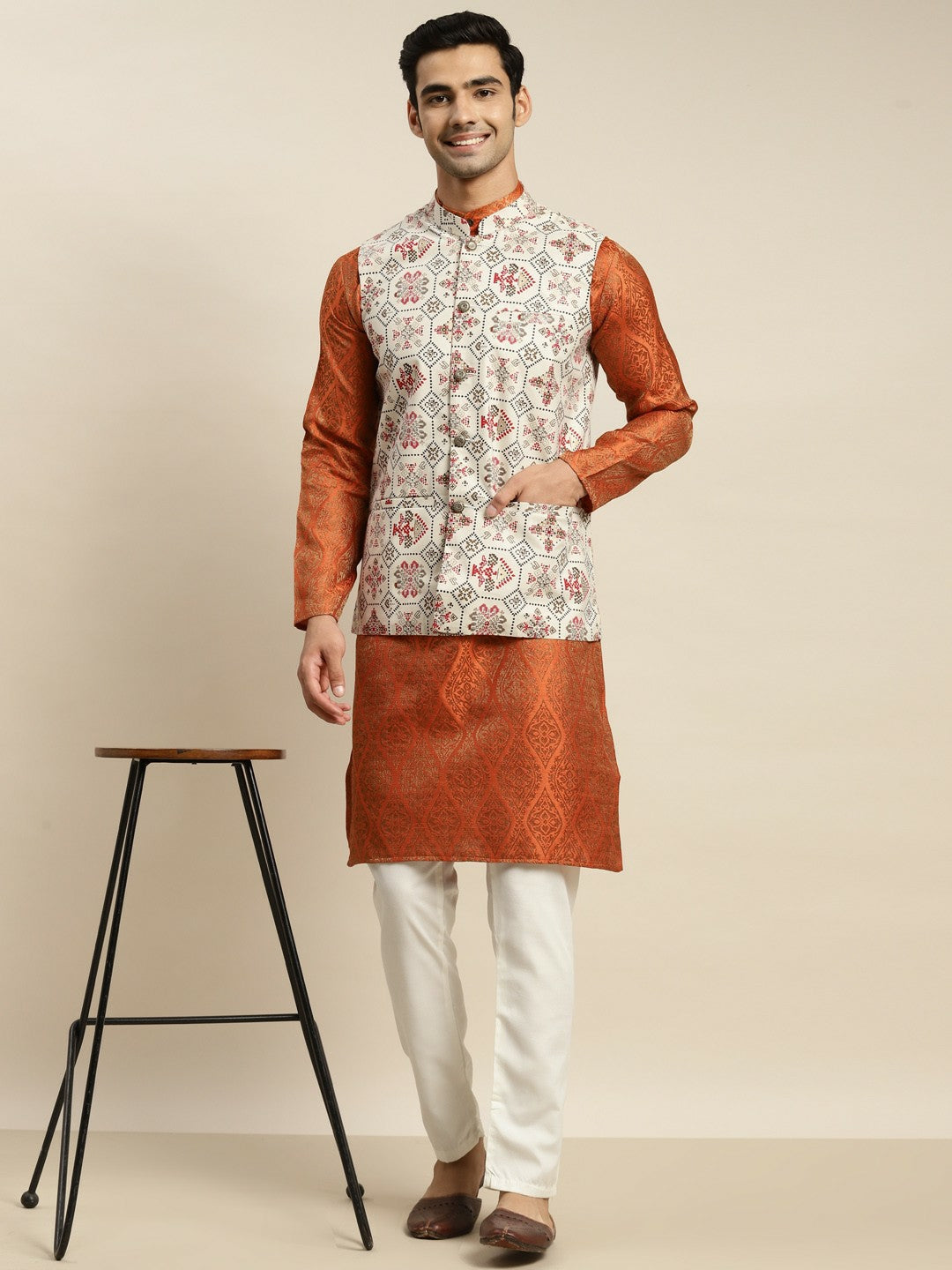 Men’s Orange Ethnic Motifs Kurta Set with Churidar & Nehru Jacket – Vibrant Traditional Ensemble