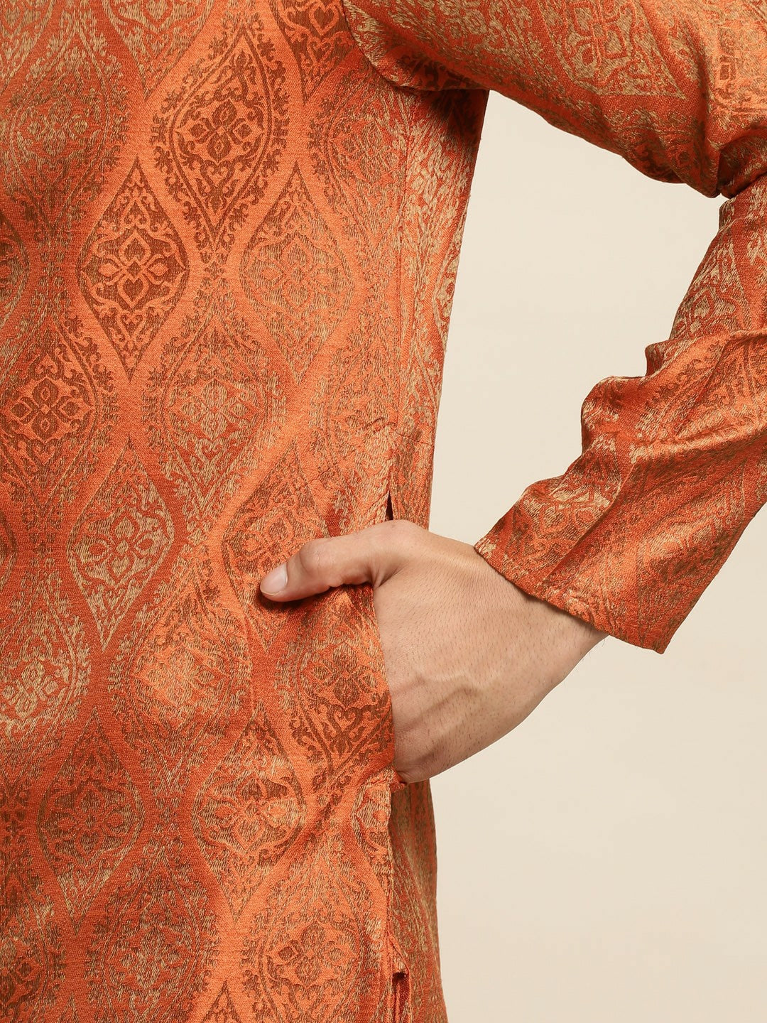 Men’s Orange Ethnic Motifs Kurta Set with Churidar & Nehru Jacket – Vibrant Traditional Ensemble