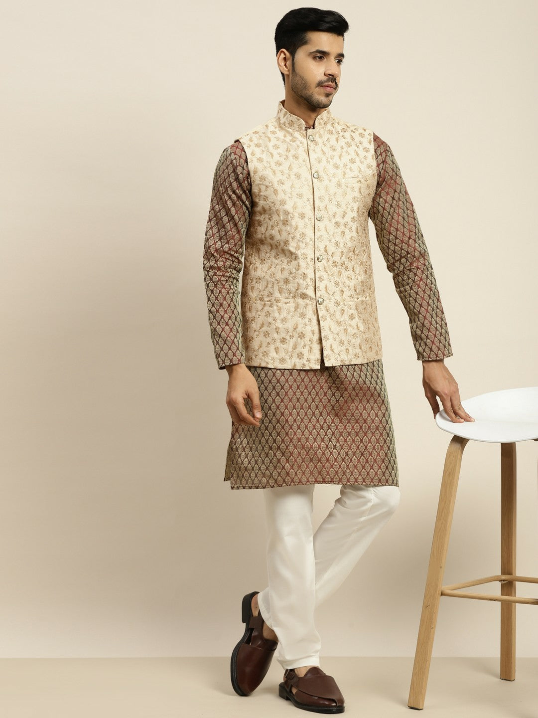 Men's Maroon Silk Blend Kurta Set with Pyjamas & Nehru Jacket – Traditional Elegance for Festive Occasions | Indiaista