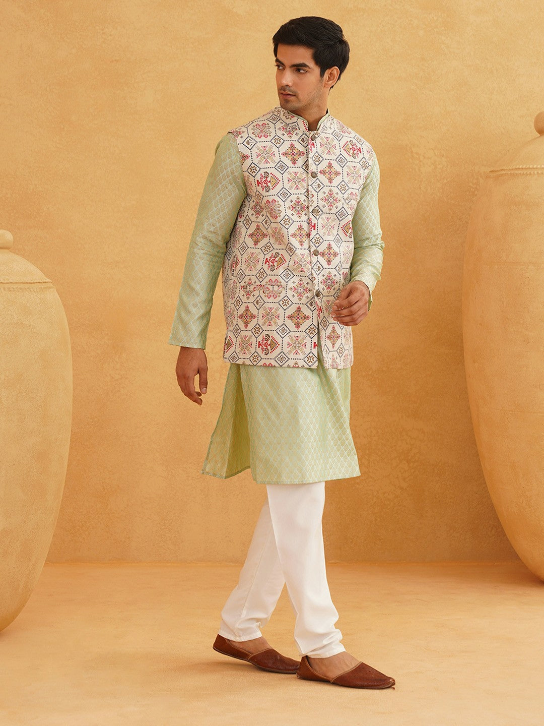 Men’s Green Ethnic Motifs Kurta Set with Churidar & Nehru Jacket – Sophisticated Traditional Ensemble
