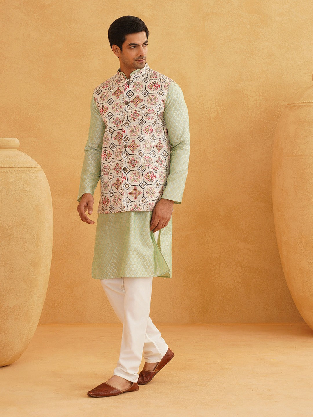 Men’s Green Ethnic Motifs Kurta Set with Churidar & Nehru Jacket – Sophisticated Traditional Ensemble