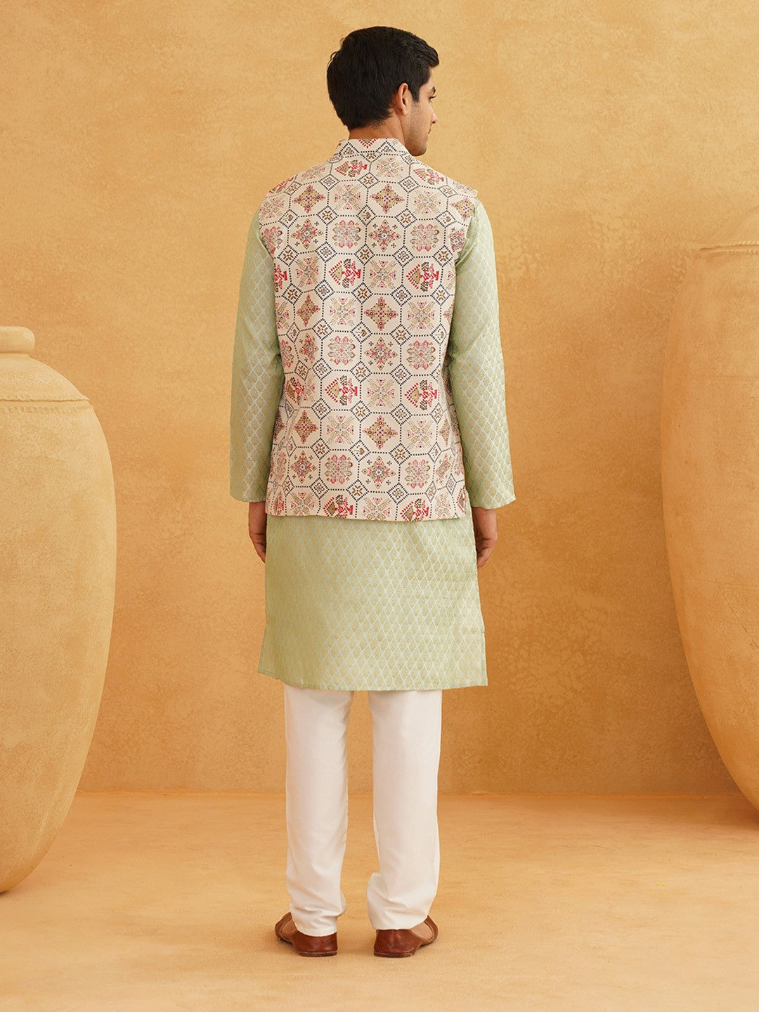 Men’s Green Ethnic Motifs Kurta Set with Churidar & Nehru Jacket – Sophisticated Traditional Ensemble