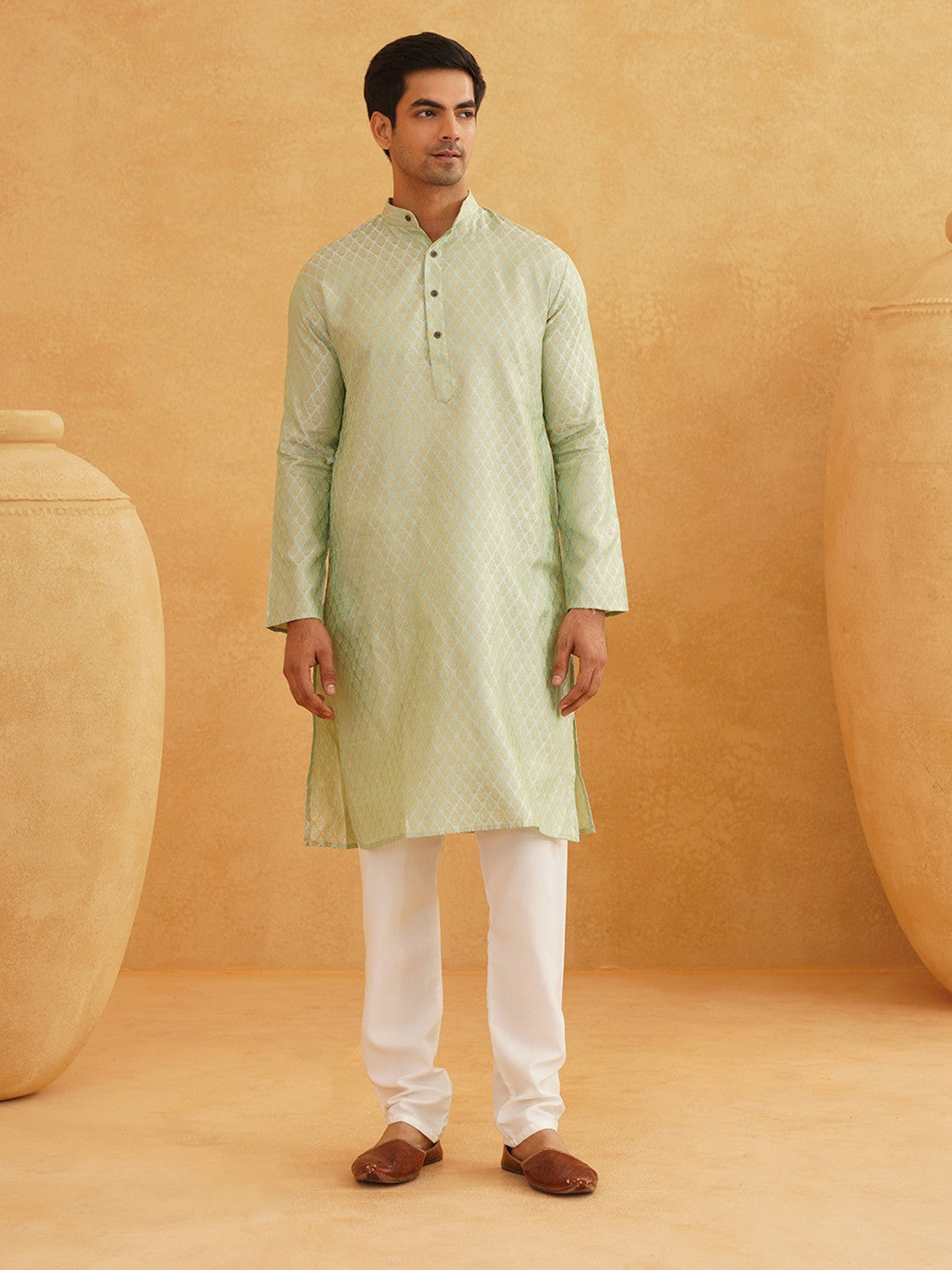 Men’s Green Ethnic Motifs Kurta Set with Churidar & Nehru Jacket – Sophisticated Traditional Ensemble
