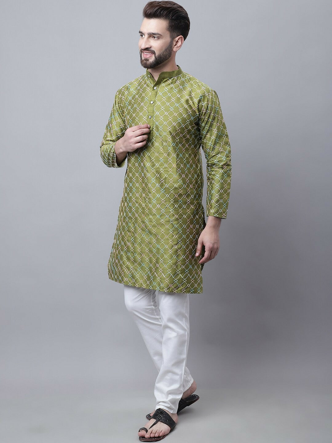 Men’s Embroidered Thread Work Kurta Set with Pyjamas & Nehru Jacket – Refined Traditional Ensemble
