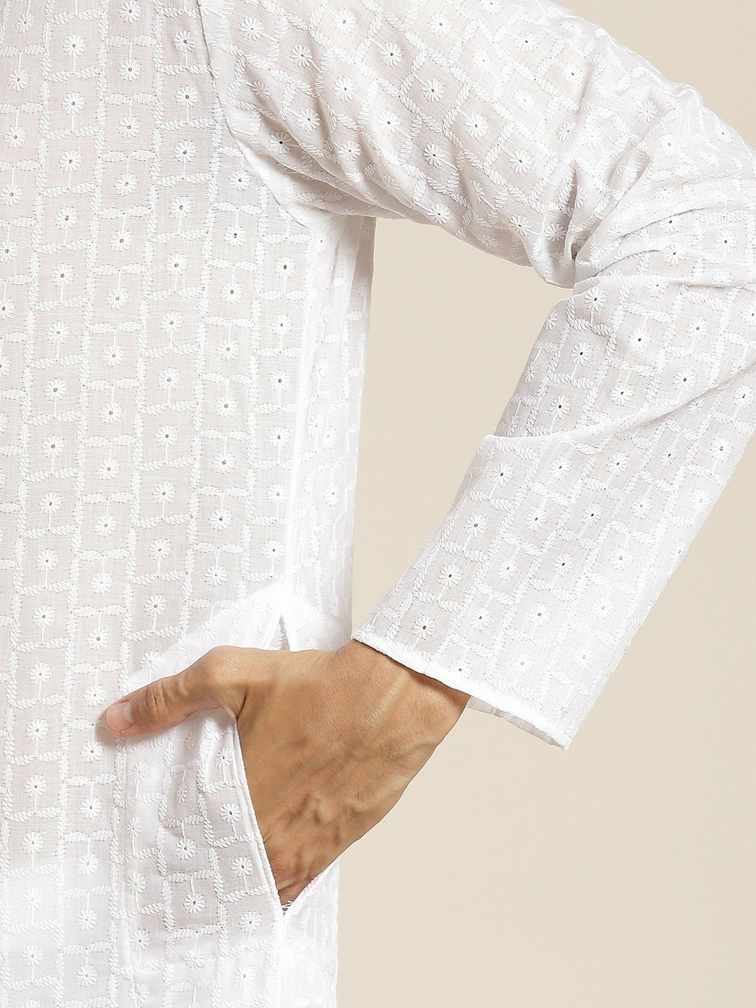 Men’s White Chikankari Cotton Kurta Set with Churidar & Nehru Jacket – Timeless Elegance