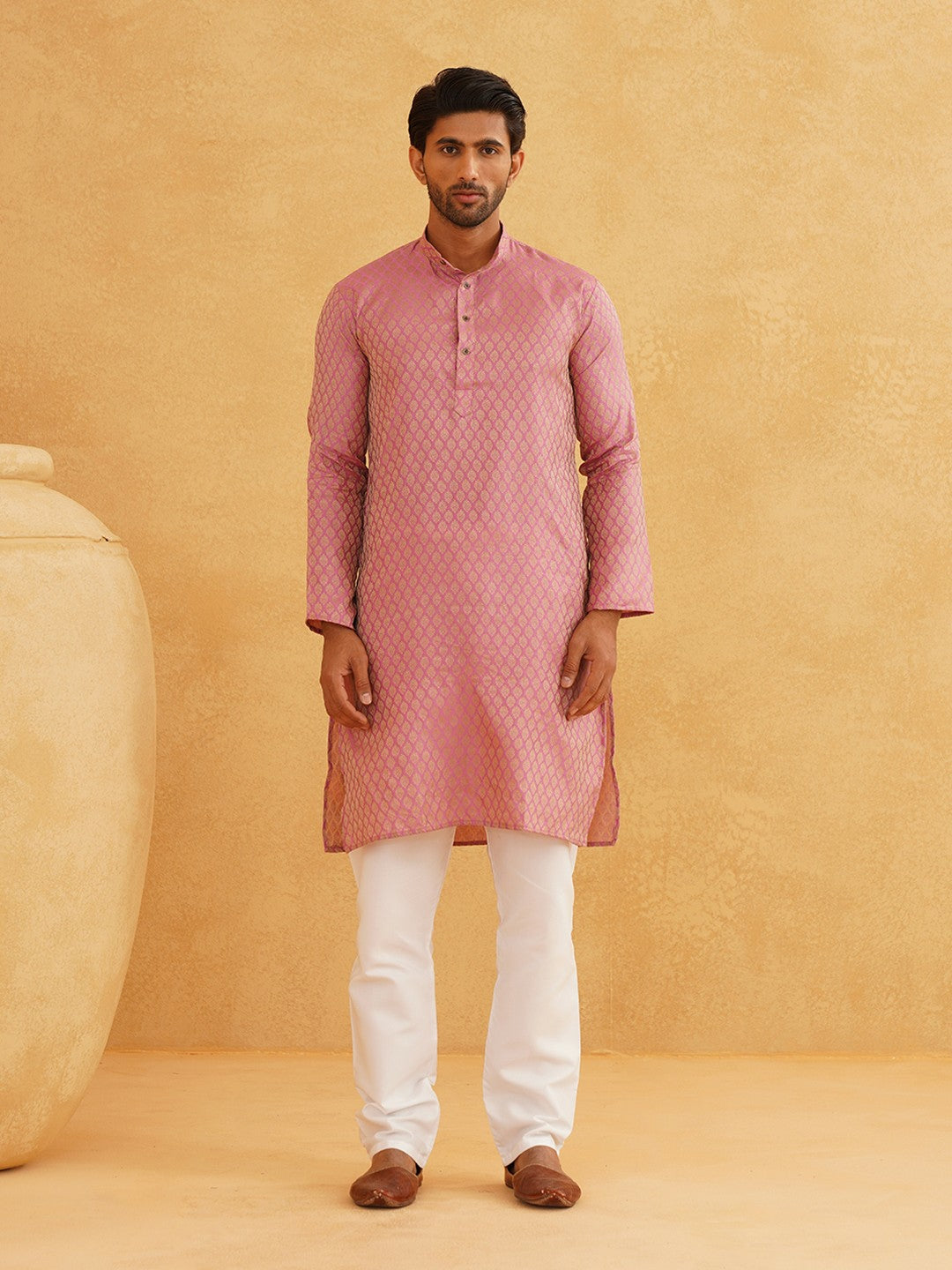 Men’s Pink Thread Work Kurta Set with Churidar – Elegant Traditional Attire