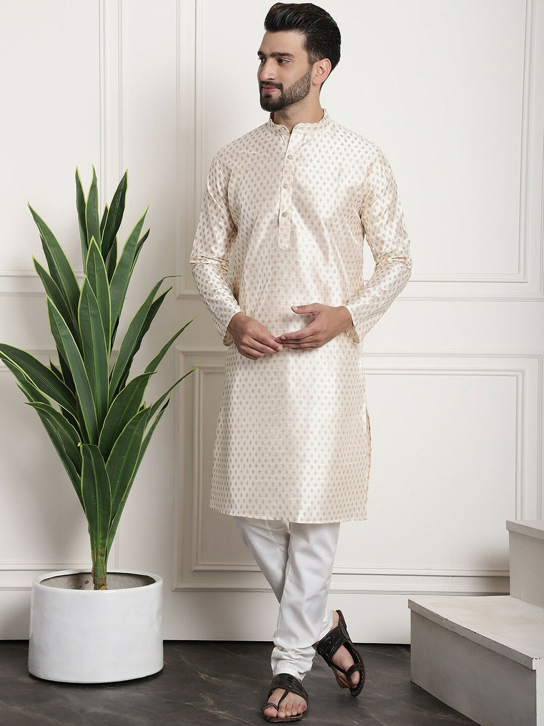 Men’s Teal Ethnic Motifs Silk Cotton Kurta Set with Churidar & Woven Nehru Jacket – Festive Ensemble