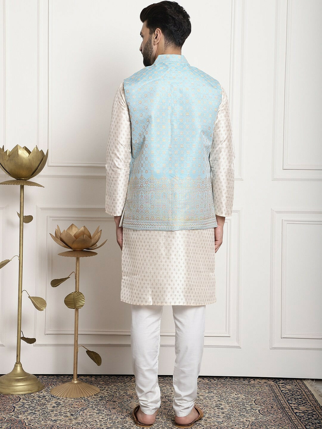 Men’s Teal Ethnic Motifs Silk Cotton Kurta Set with Churidar & Woven Nehru Jacket – Festive Ensemble
