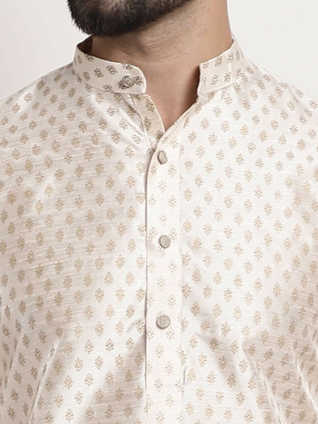 Men’s Beige Ethnic Motifs Woven Kurta Set with Churidar – Traditional Elegance