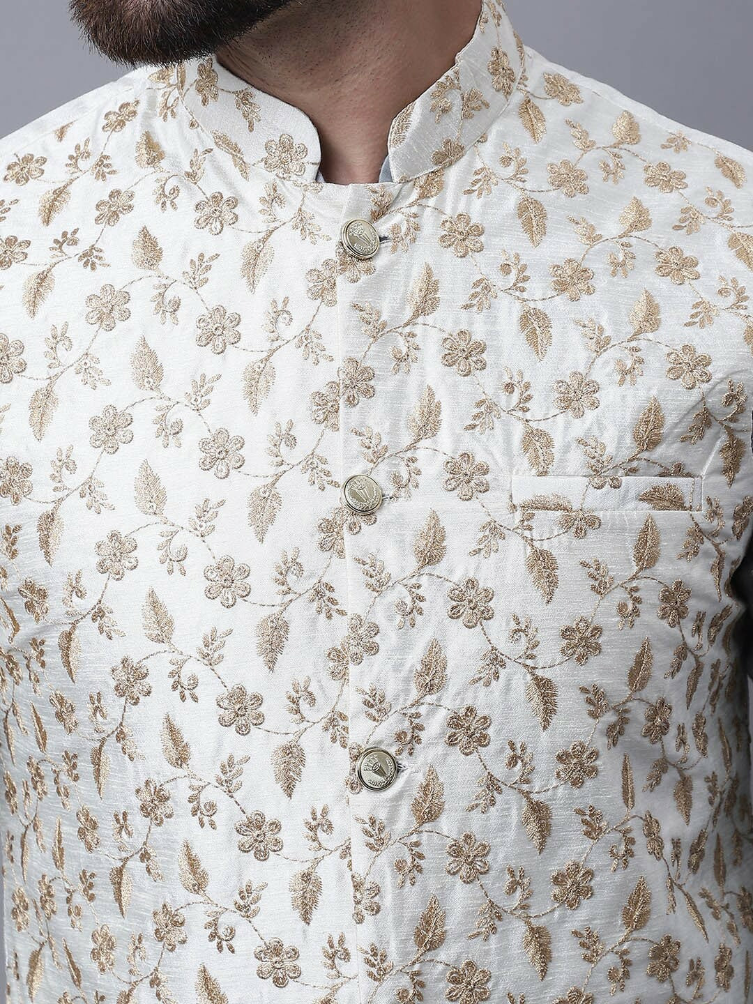 Men’s Sequinned Embroidered Pure Cotton Kurta Set with Pyjamas & Nehru Jacket – Traditional Elegance