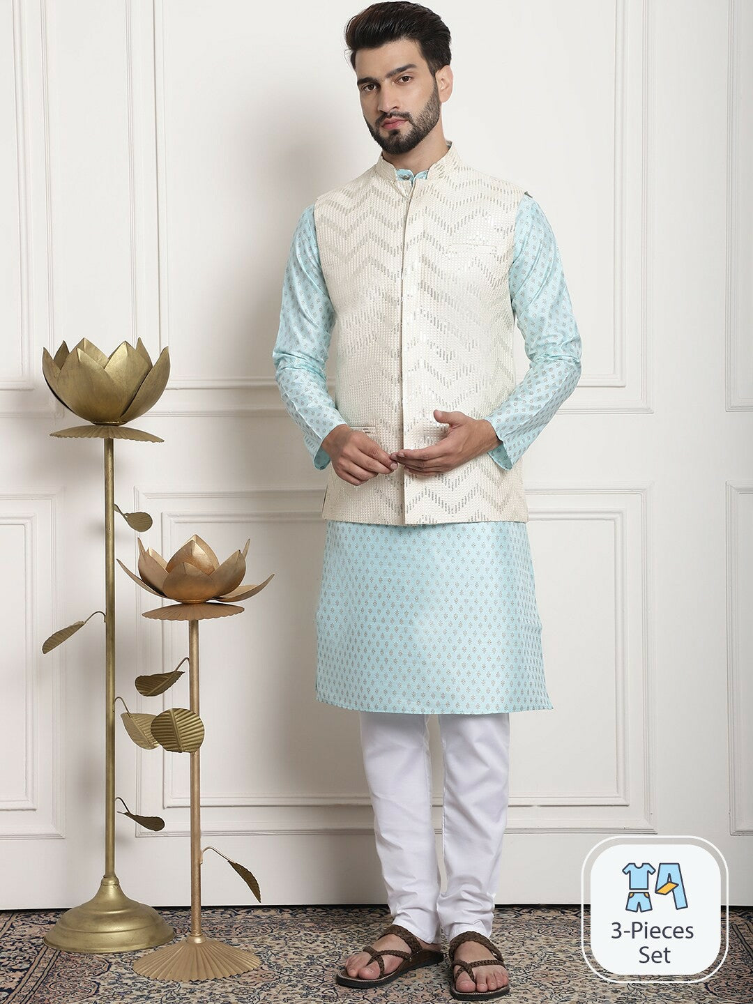 Men’s Blue Embellished Kurta Set with Churidar & Nehru Jacket – Traditional Charm