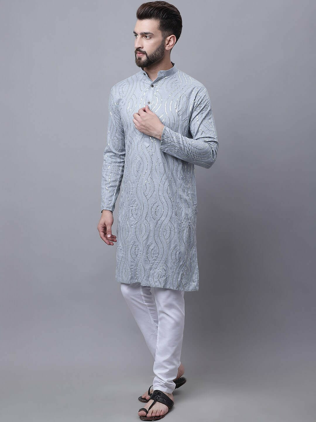 Men’s Sequinned Embroidered Pure Cotton Kurta Set with Pyjamas & Nehru Jacket – Traditional Elegance