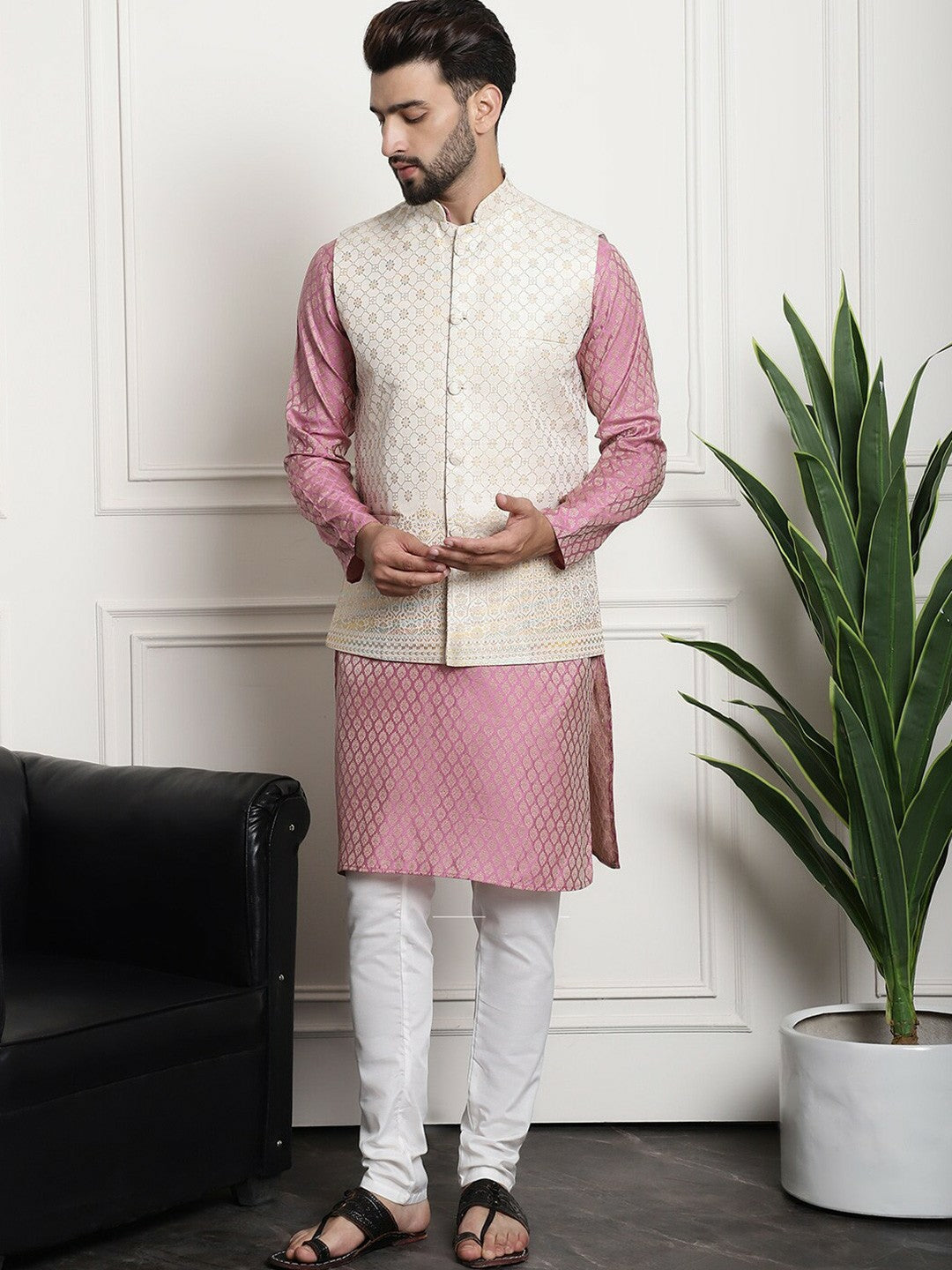 Men’s Ethnic Motifs Woven Design Mandarin Collar Kurta Set with Churidar & Nehru Jacket – Traditional Elegance