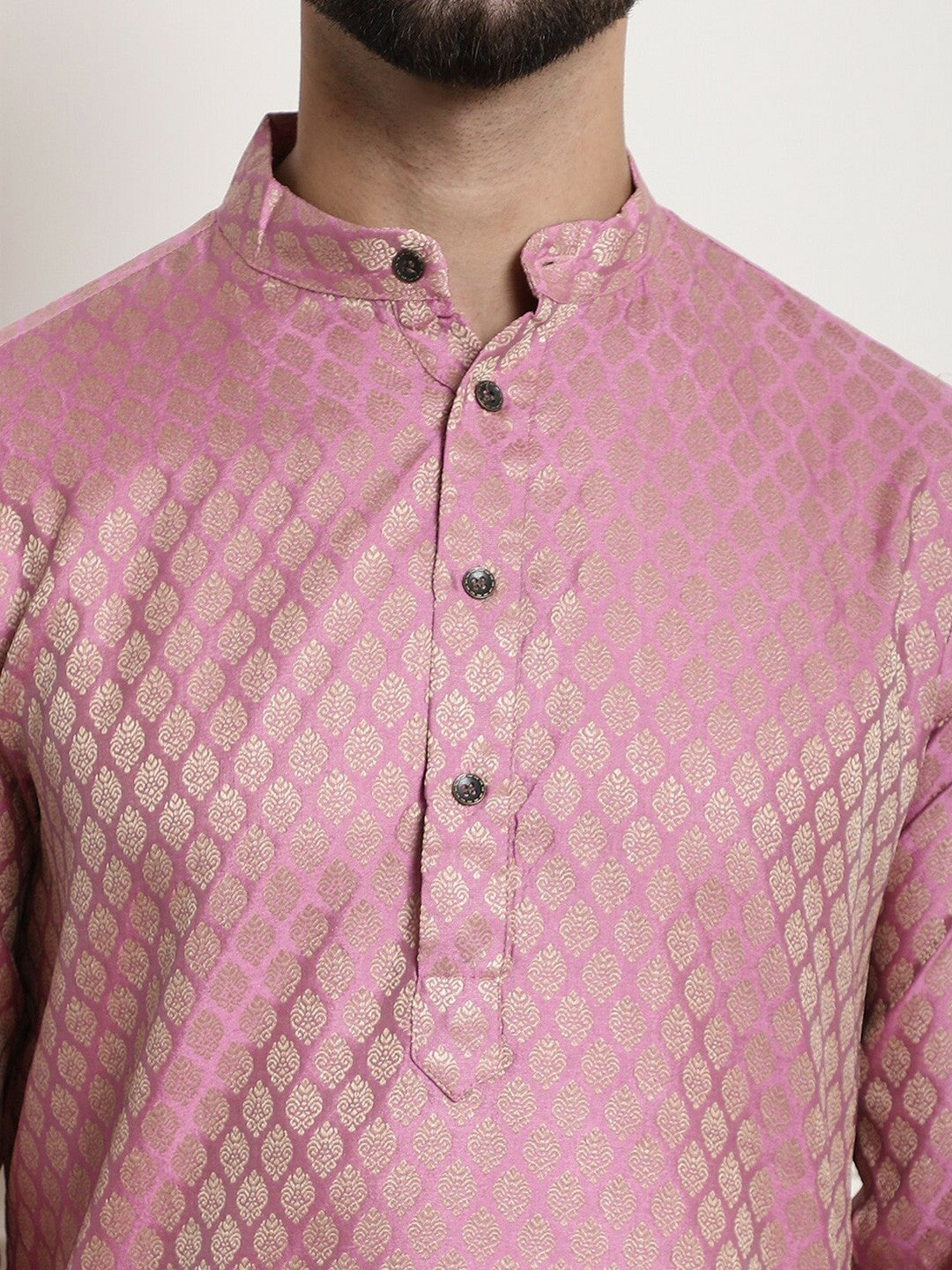 Men’s Ethnic Motifs Woven Design Mandarin Collar Kurta Set with Churidar & Nehru Jacket – Traditional Elegance