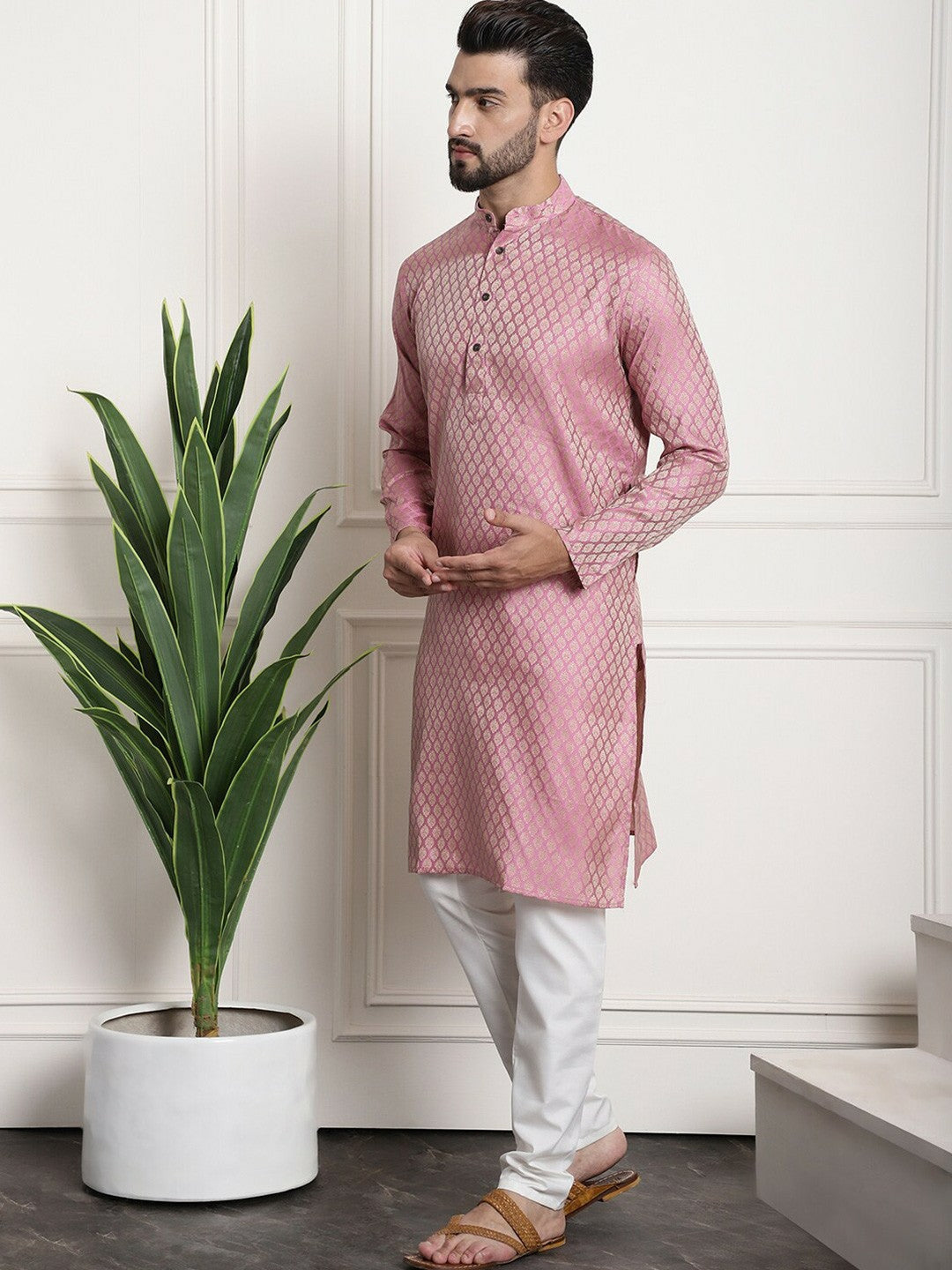 Men’s Ethnic Motifs Woven Design Mandarin Collar Kurta Set with Churidar & Nehru Jacket – Traditional Elegance