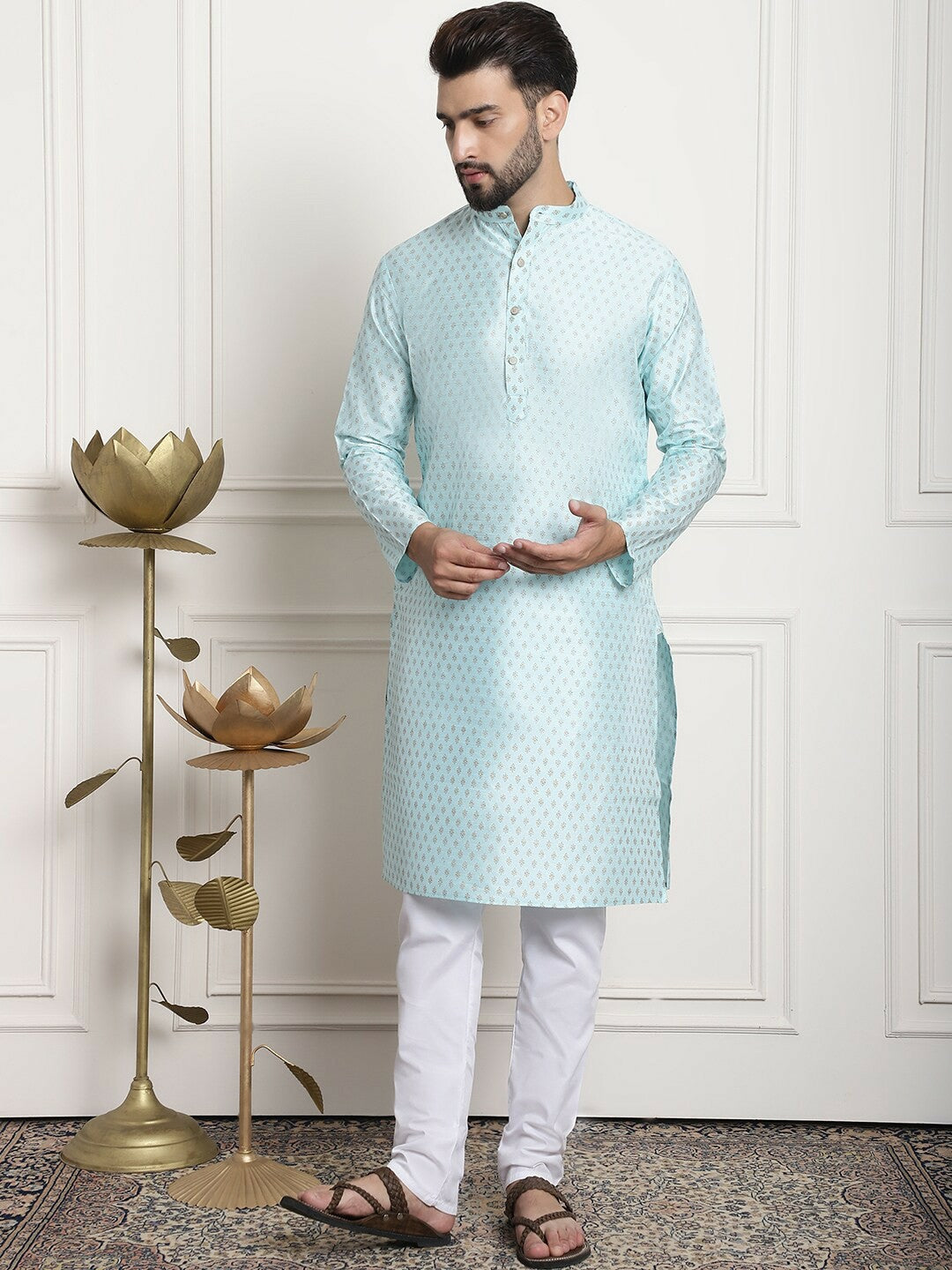 Men’s Blue Embellished Kurta Set with Churidar & Nehru Jacket – Traditional Charm