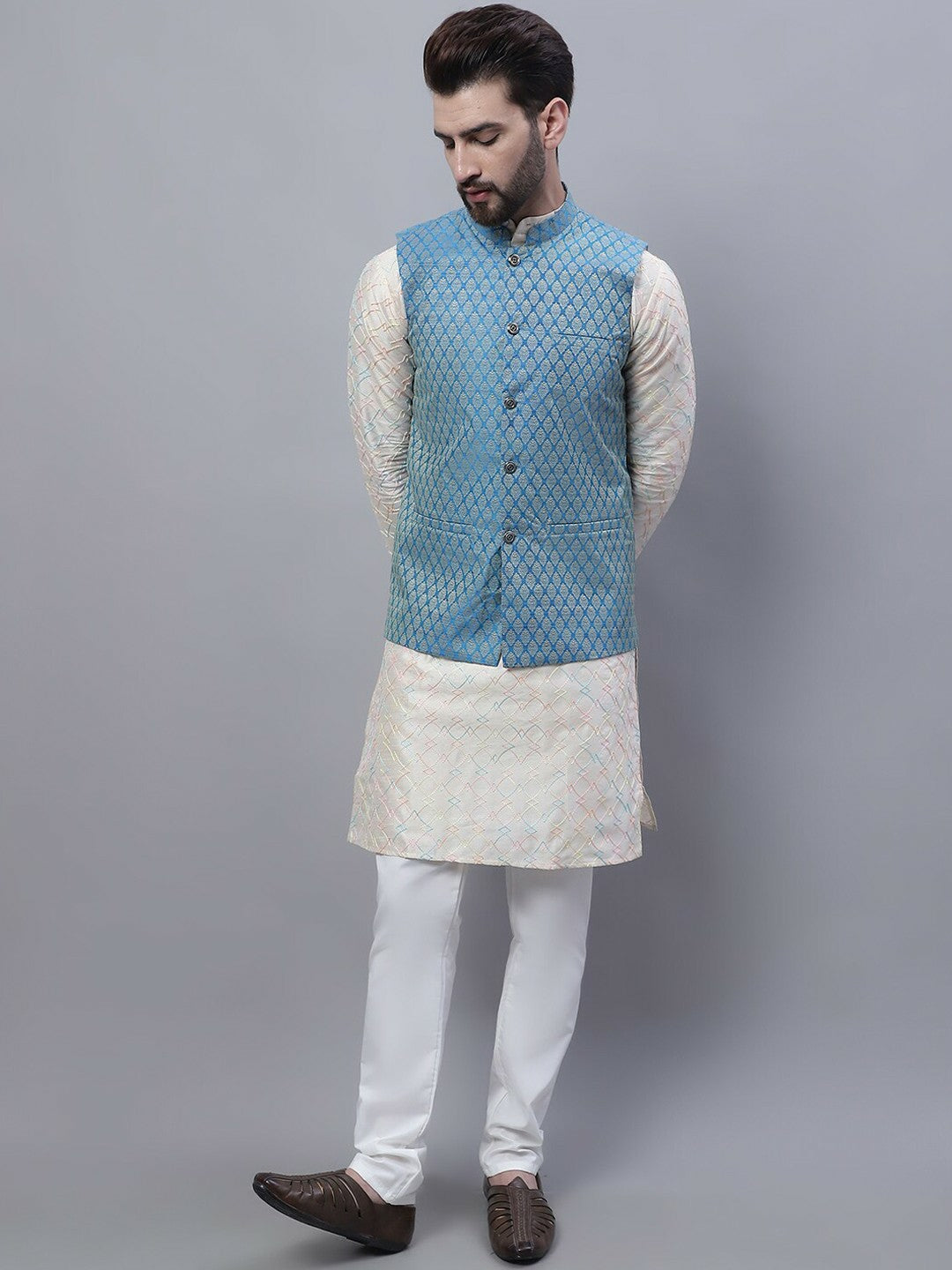 Men’s Embroidered Thread Work Kurta Set with Churidar & Nehru Jacket – Traditional Elegance