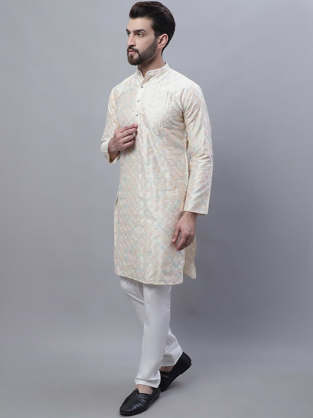 Men’s Embroidered Thread Work Kurta Set with Churidar & Nehru Jacket – Traditional Elegance