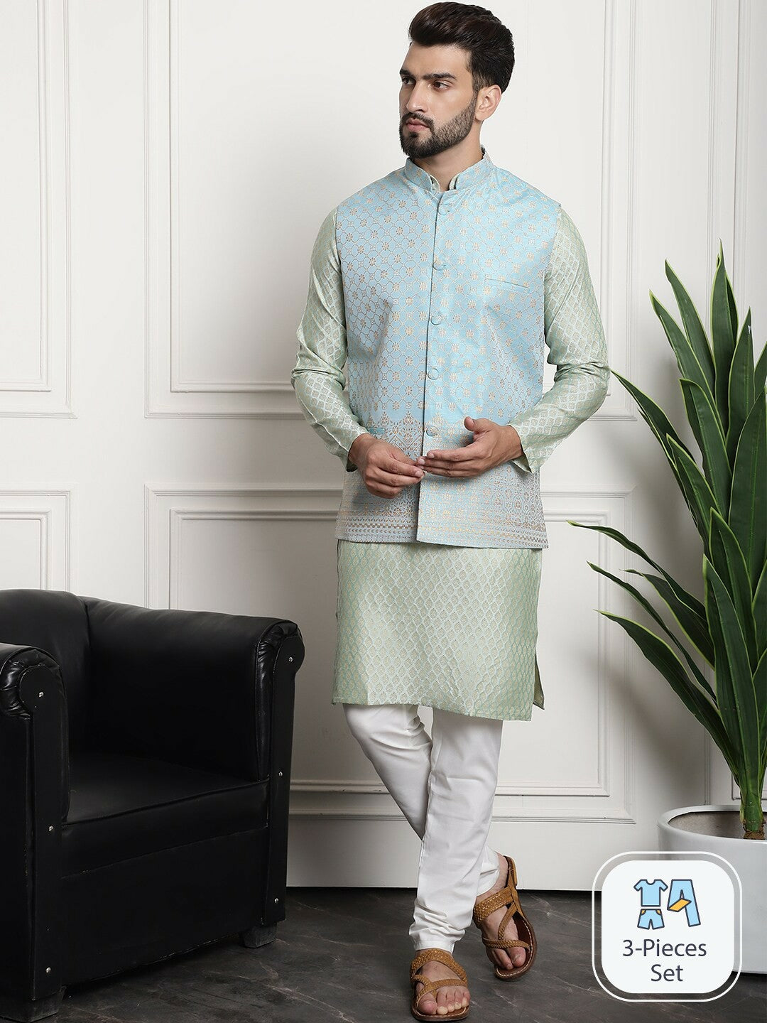 Men’s Ethnic Motifs Woven Design Regular Kurta Set with Churidar & Nehru Jacket – Traditional Elegance