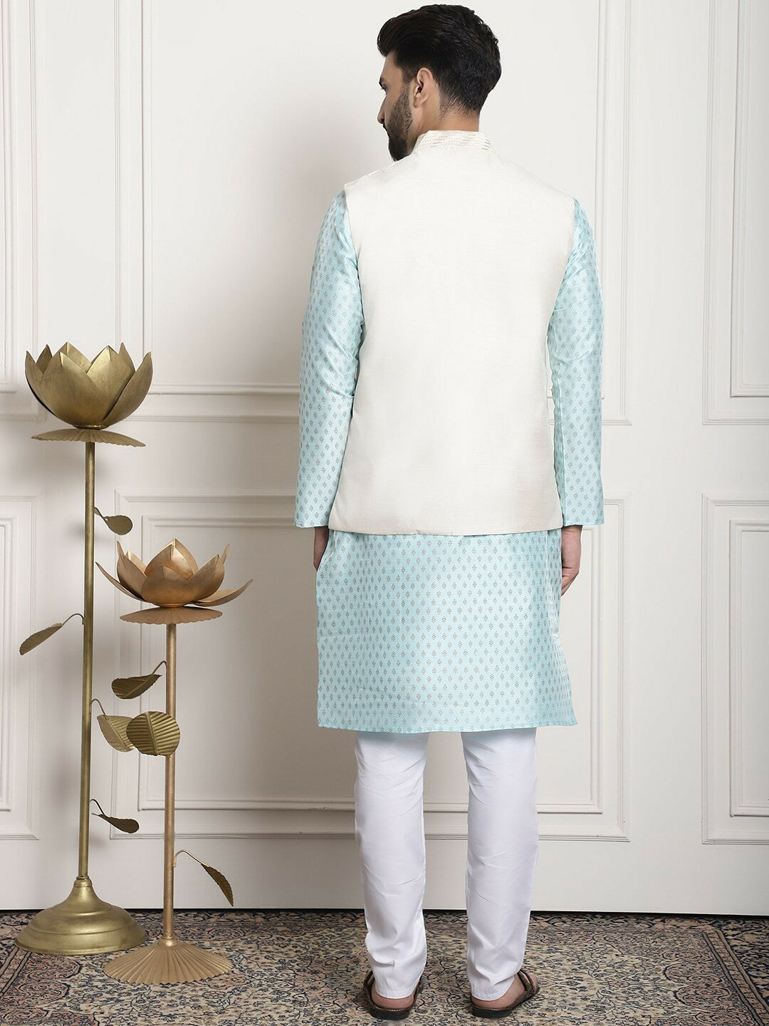 Men’s Blue Embellished Kurta Set with Churidar & Nehru Jacket – Traditional Charm