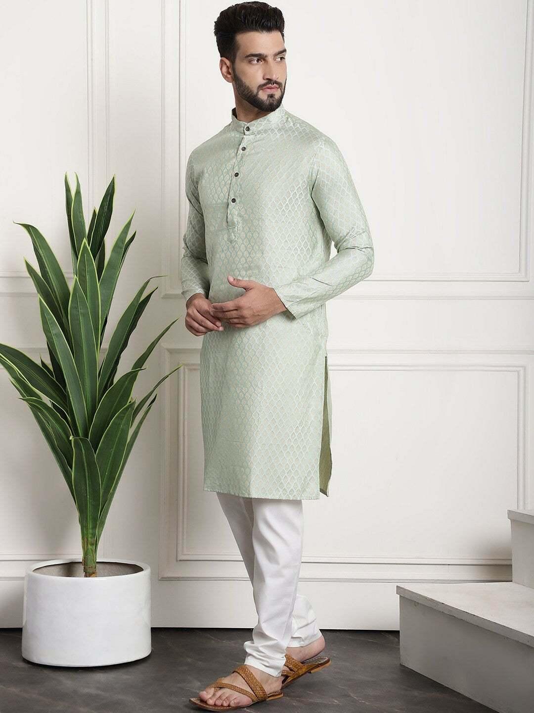 Men’s Ethnic Motifs Woven Design Regular Kurta Set with Churidar & Nehru Jacket – Traditional Elegance