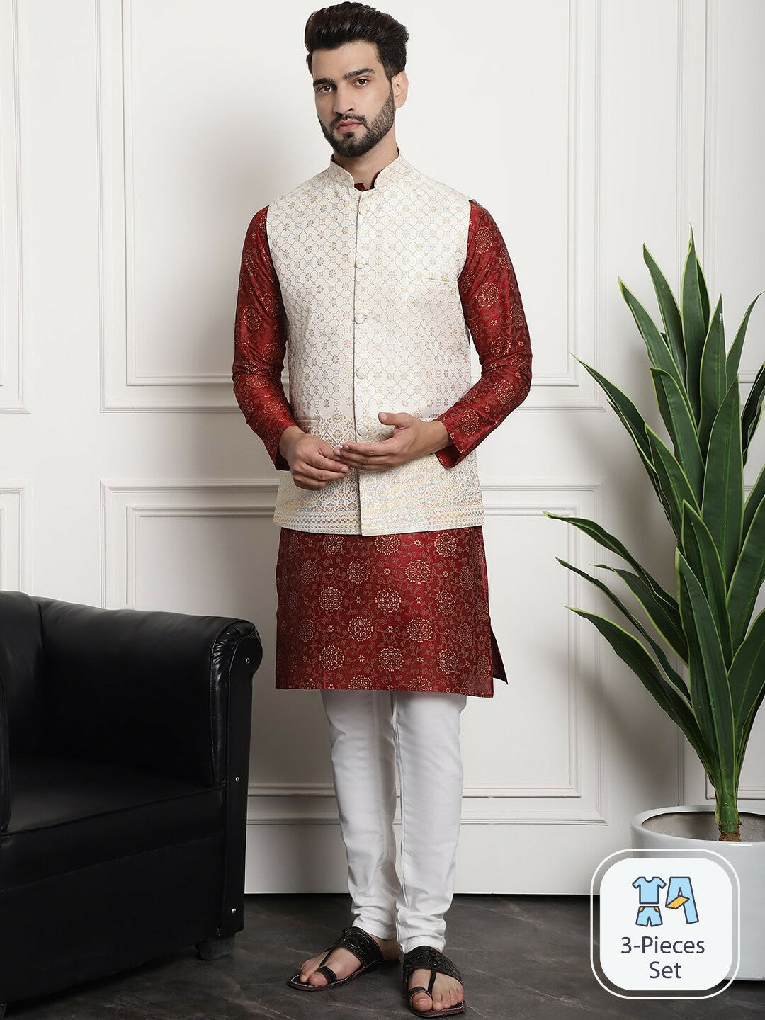 Men’s Ethnic Motifs Printed Silk Cotton Kurta Set with Churidar & Nehru Jacket – Traditional Elegance