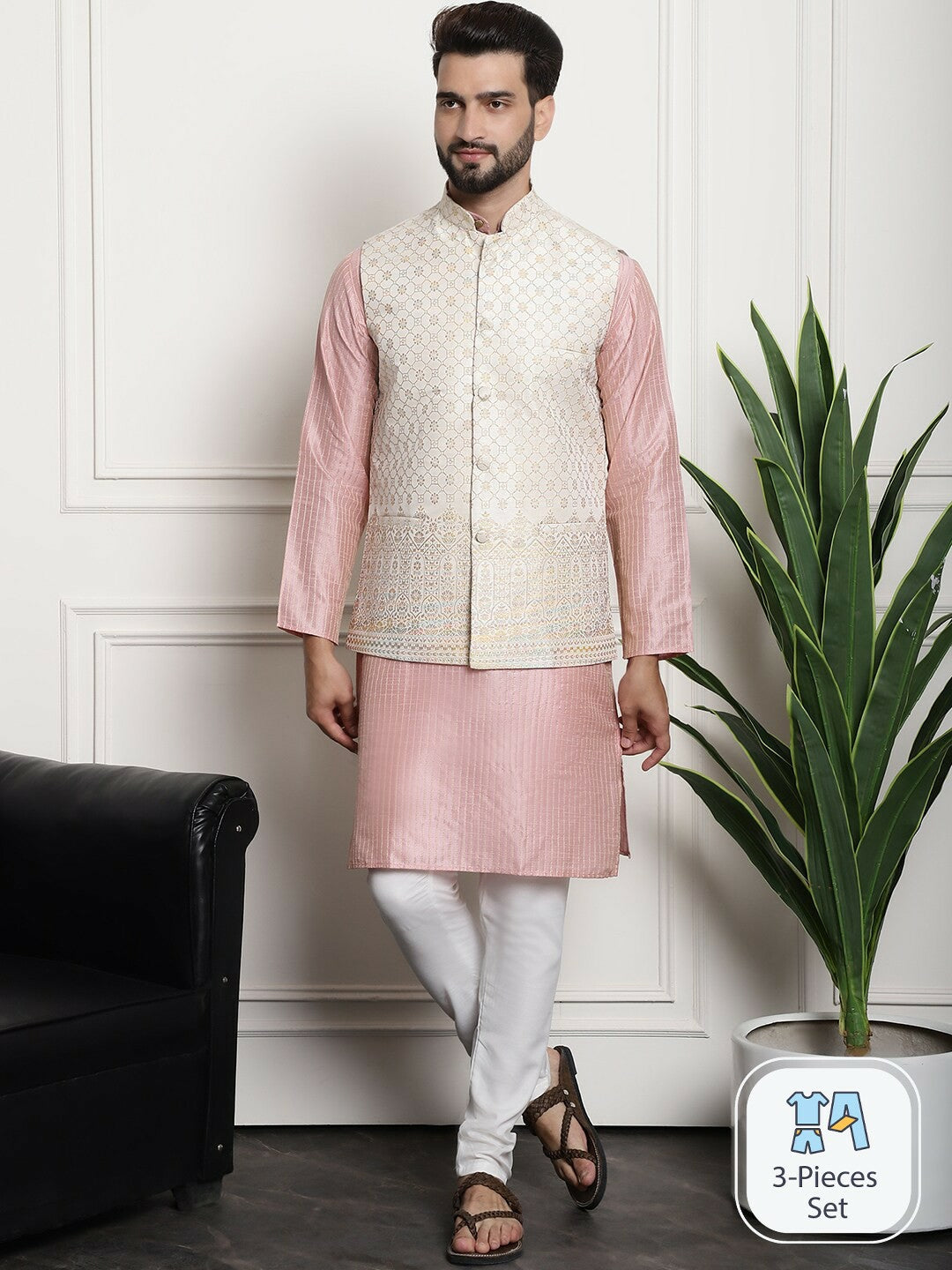 Men’s Striped Regular Kurta Set with Churidar & Nehru Jacket – Traditional Elegance