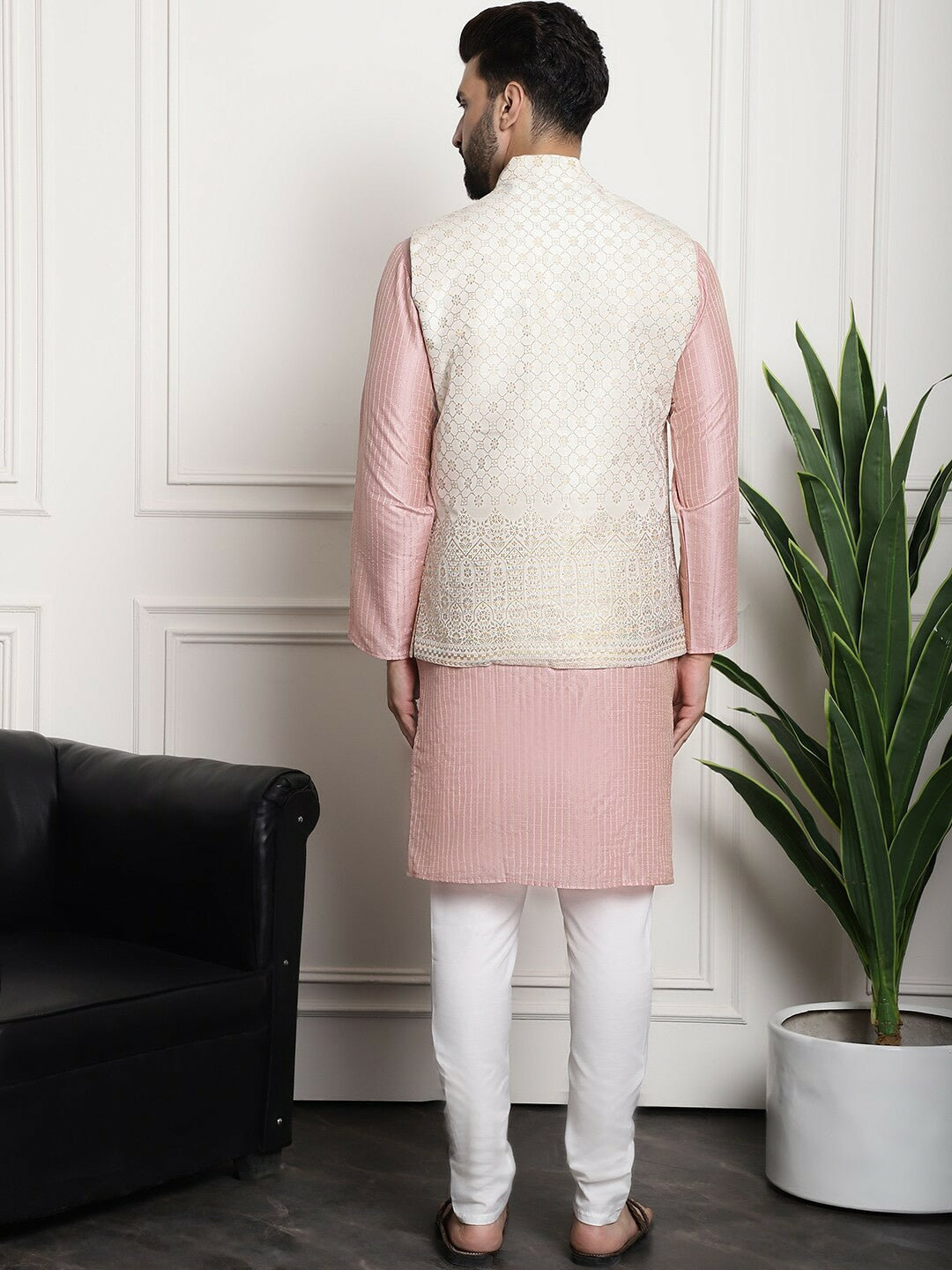 Men’s Striped Regular Kurta Set with Churidar & Nehru Jacket – Traditional Elegance