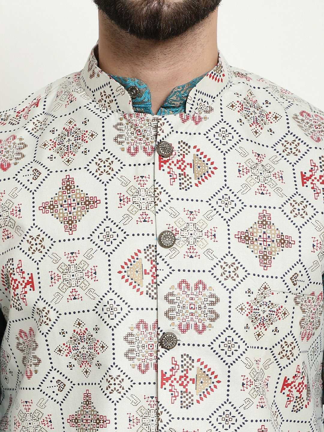 Men’s Blue Ethnic Motifs Woven Design Kurta Set with Churidar & Nehru Jacket – Traditional Elegance