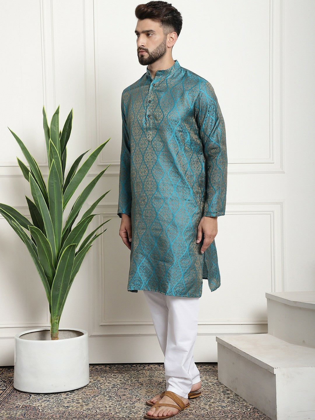 Men’s Blue Ethnic Motifs Woven Design Kurta Set with Churidar & Nehru Jacket – Traditional Elegance