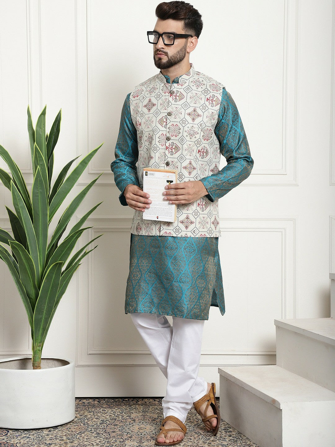 Men’s Blue Ethnic Motifs Woven Design Kurta Set with Churidar & Nehru Jacket – Traditional Elegance