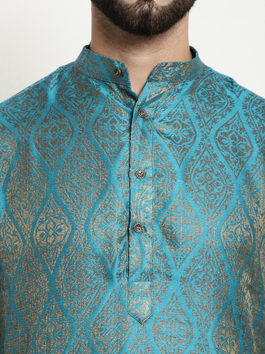 Men’s Blue Ethnic Motifs Woven Design Kurta Set with Churidar & Nehru Jacket – Traditional Elegance