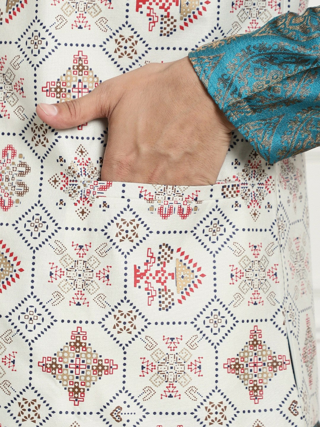 Men’s Blue Ethnic Motifs Woven Design Kurta Set with Churidar & Nehru Jacket – Traditional Elegance