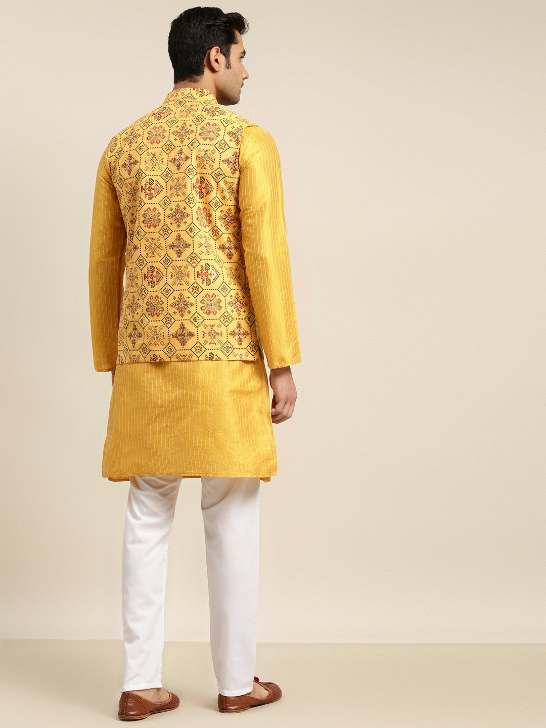 Men’s Mustard Yellow Kurta Set with Churidar & Nehru Jacket – Regal Festive Attire