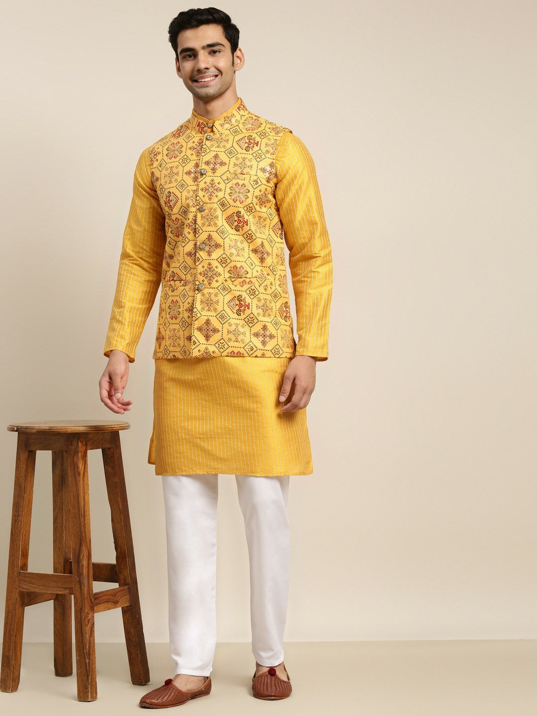 Men’s Mustard Yellow Kurta Set with Churidar & Nehru Jacket – Regal Festive Attire