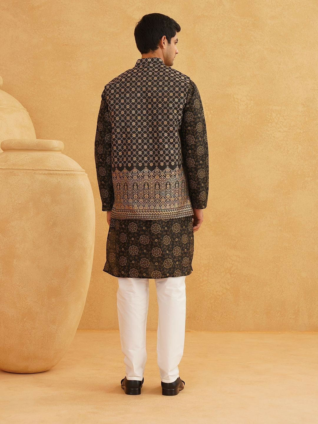 Men’s Floral Printed Kurta Set with Churidar & Nehru Jacket – Stylish Ethnic Ensemble