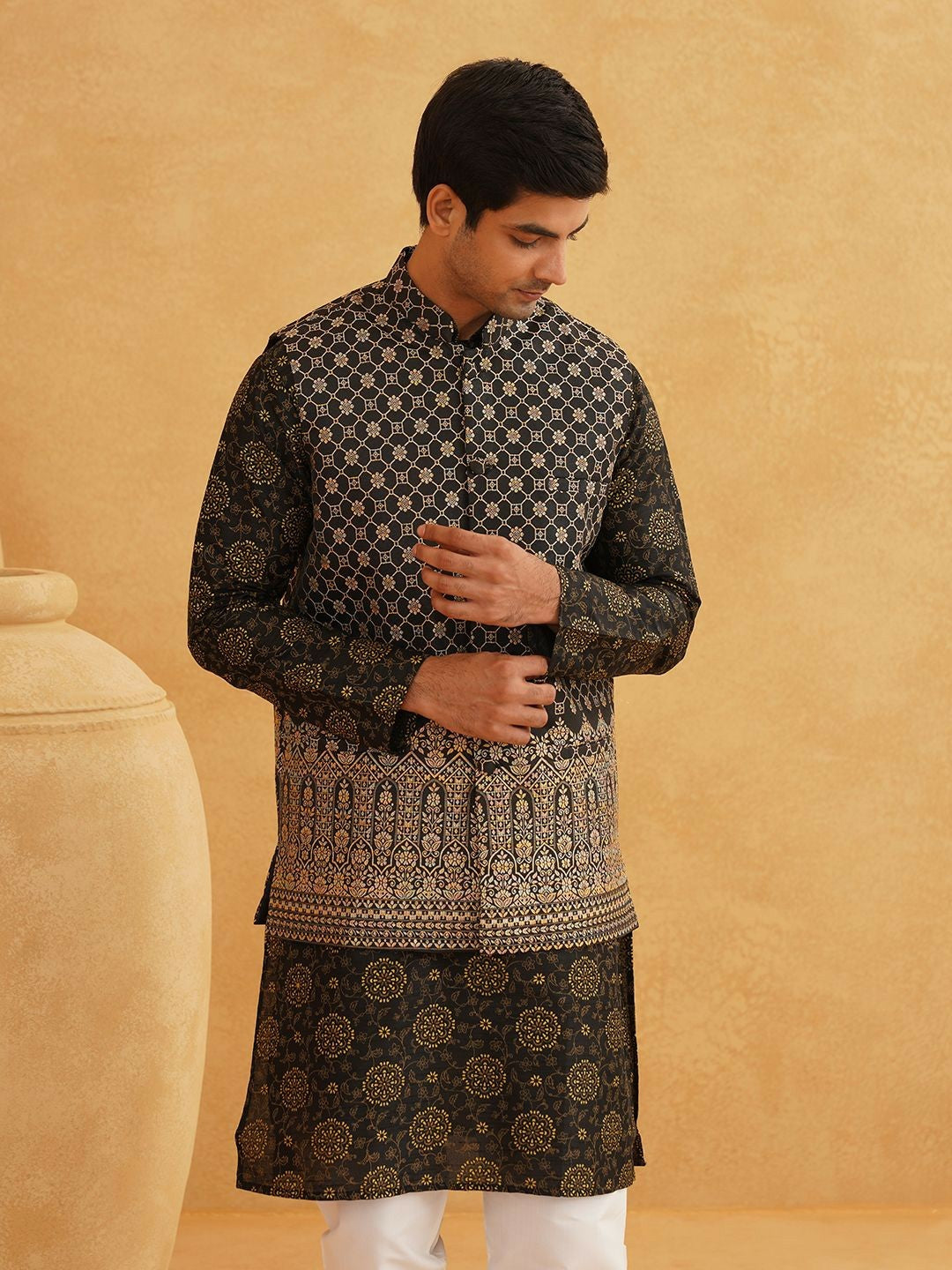 Men’s Floral Printed Kurta Set with Churidar & Nehru Jacket – Stylish Ethnic Ensemble